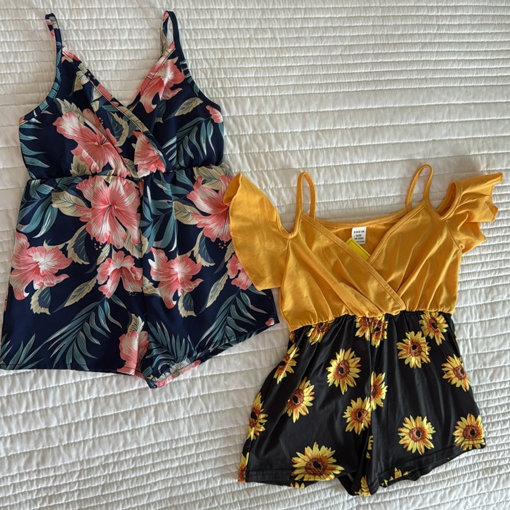 2 Rompers - Sunflower & Tropical print